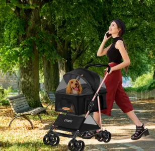 Lovpet® Carro para Perros 2 en 1, Cochecito para Perros Caja para Perros, Bolsa de Transporte Plegable, hasta 20 kg, Cochecito para Mascotas con Ventanas de Malla y Cubierta de protección Caqui