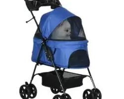 PawHut Cochecito para Mascotas Plegable Carrito para Perros Desmontable Acero Tela Oxford Ruedas Giratorias Frenos Ventana para Perros Gatos Pequeñitos 67x45x96 cm Azul