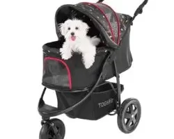 TOGfit Pet Roadster - Lujoso carrito para perros y mascotas hasta 32 kg, Ruedas grandes, altura regulable, incl. colchón, pequeño y plegable, color negro