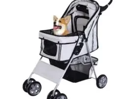 PawHut Cochecito Plegable Mascotas Carrito para Perros Gatos con Cuatro Ruedas Cesta de Almacenaje Ventanas y Portavasos Tela Oxford Marco de Acero 75x45x97