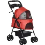 PawHut Cochecito para Mascotas Plegable Carrito para Perros Desmontable Acero Tela Oxford Ruedas Giratorias Frenos Ventana para Perros Gatos Pequeñitos 67x45x96 cm Rojo